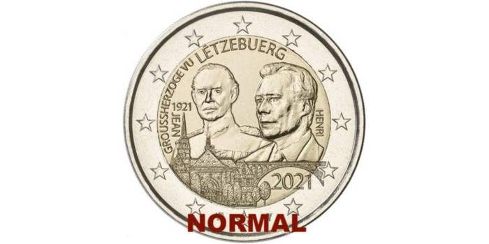 2 EUROS CONMEMORATIVOS LUXEMBURGO 2021 "NAC. GRAN DUQUE JEAN"- NORMAL Y HOLOGRAMA