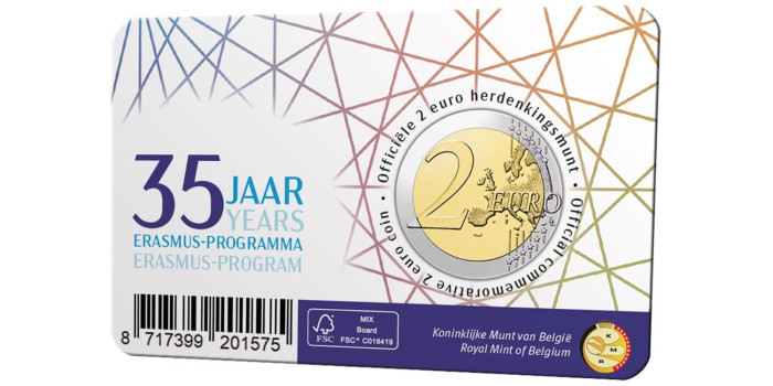 2 EUROS CONMEMORATIVOS BELGICA 2022 "ERASMUS". COINCARD