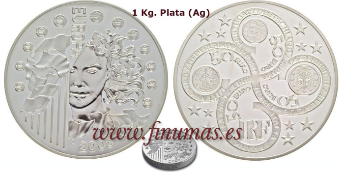 FRANCIA - K-1340.- 50 EUROS 2003 "ANIVERSARIO DEL EURO" - 1Kg PLATA. PROOF
