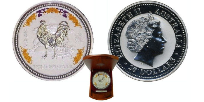 AUSTRALIA 30 DOLLAR 2005 AÑO DEL GALLO. COLOR + DIAMANTE-  1 Kg. PLATA