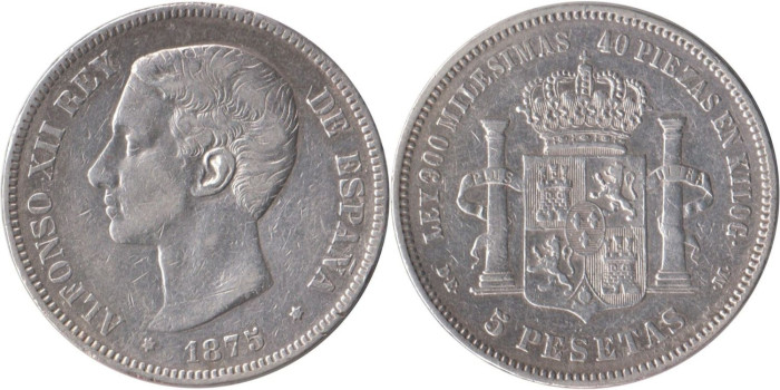 Cy16580E.-ALFONSO XII - 5 Pesetas 1875 "Variante Oreja Rayada"