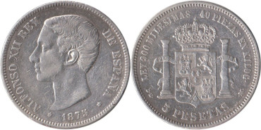 Cy16580E.-ALFONSO XII - 5 Pesetas 1875 "Variante Oreja Rayada"