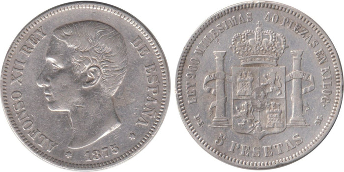 AV4 - 5 Pts ALFONSO XIII 1875 pabellon de la oreja rallado, MBC