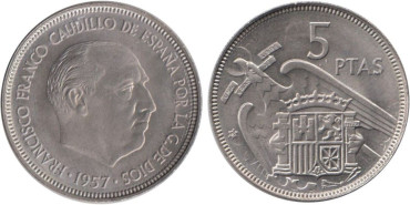 FV35 - 5 Pts 1957/59 Repintada al borde, anverso y reverso, SC