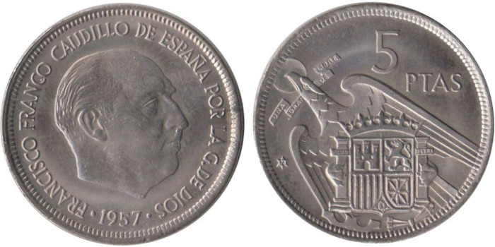 FV38 - 5 Pts 1957/70 doble acuñacion en estrella, SC