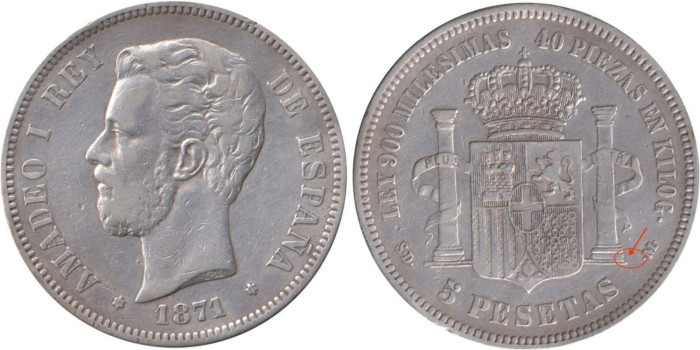 Cy16529E.- AMADEO I - 5 Pesetas 1871/71 "Variante Columna"