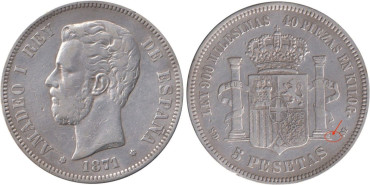 Cy16529E.- AMADEO I - 5 Pesetas 1871/71 "Variante Columna"