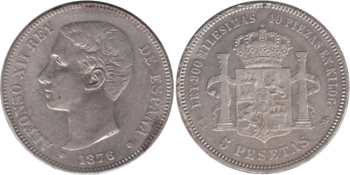 Cy16581E.- ALFONSO XII - 5 Pesetas 1876 "Variante Oreja Rayada"