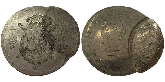 JC039v - 5 pts 1975*79 ERROR DOBLE ACUÑACION INVERTIDA