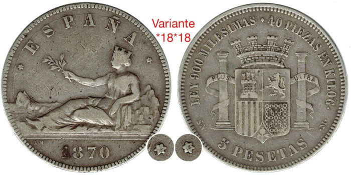 Cy16524.- G.P Y I REPUBLICA  5 PESETAS 1870 VARIANTE (18-18) S.N.M