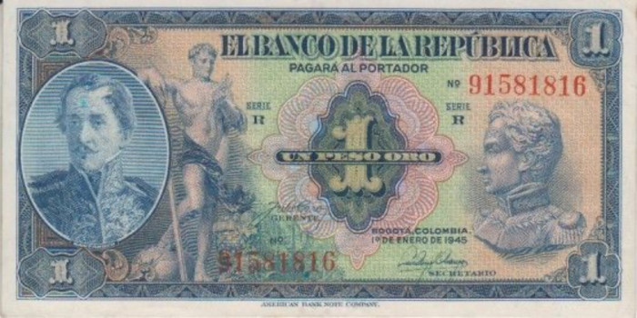 COLOMBIA - B-380, 1 PESO 1-1-1945, SC
