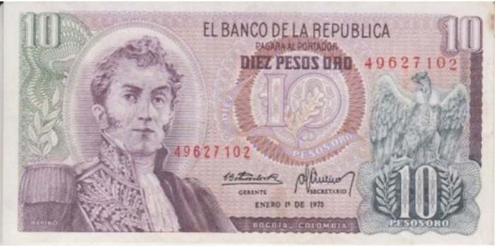 COLOMBIA - B-407, 10 PESOS 1-1-1975, SC