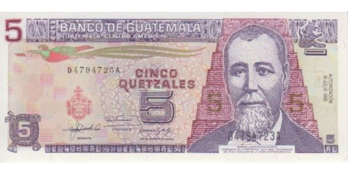 GUATEMALA B-074.- 5 QUETZAL 1990/93.  SC
