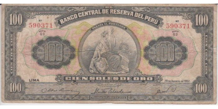 PERU B-073 , 100 SOLES ORO 28-8-1952 , BC