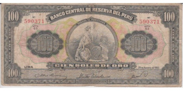 PERU B-073 , 100 SOLES ORO 28-8-1952 , BC