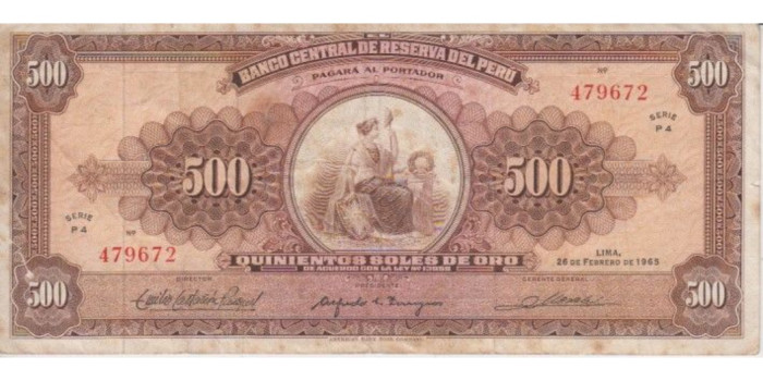 PERU B-091 , 500 SOLES ORO 26-2-1965 , BC+