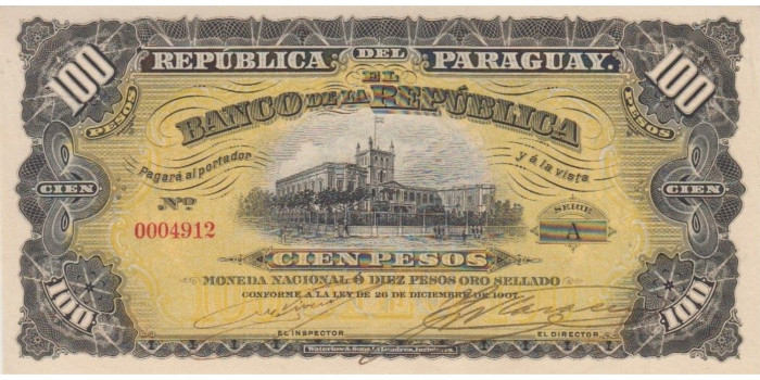 PARAGUAY B-122 , 100 PESOS LEY 26-12-1907 , SC