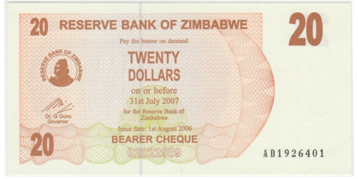 ZIMBABWE B-040 - 20 DÓLAR 2006 - SC
