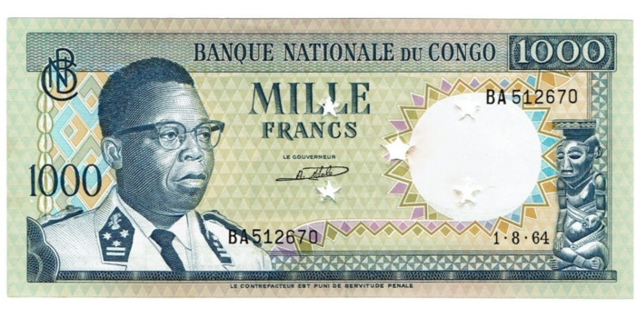 CONGO B-008 - 1000 Francos 1964. Taladros Cancelación - SC