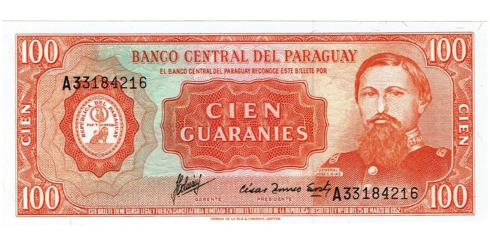 PARAGUAY B-199.- 100 GUARANIES LEY 1952.  SC