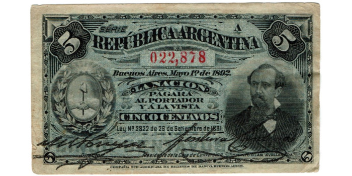 ARGENTINA.- B-213 - 5 Centavos 1892.  MBC-