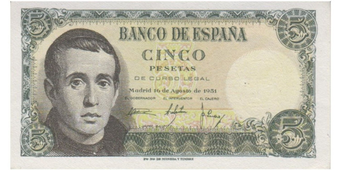 F443K - 5 Peseta 16-8-1951 SC-  Sin Serie