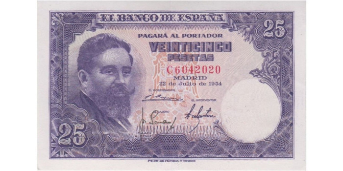 F455H - 25 Pesetas 22-07-1954 EBC, serie A/T