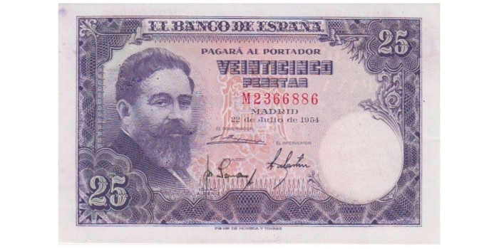 F455K - 25 Pesetas 22-07-1954 SC , serie A/T