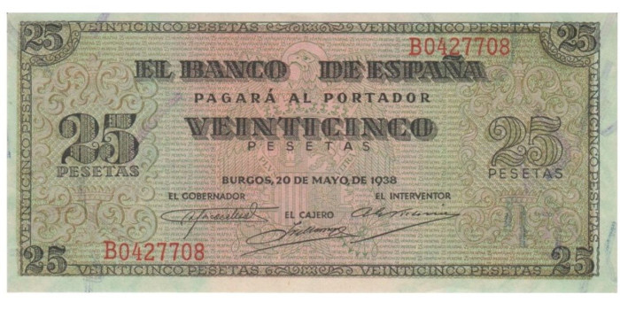 F450I.-25 Pesetas 20 de Mayo 1938 EBC+ Serie A/F