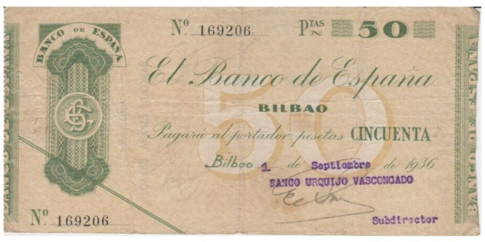 F372C1.- BANCO ESPAÑA-BILBAO 50 Pts 1-9-1936 BC SIN SERIE