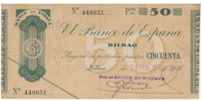 F372C2.- BANCO ESPAÑA-BILBAO 50 Pts 23-2-1936 BC SIN SERIE