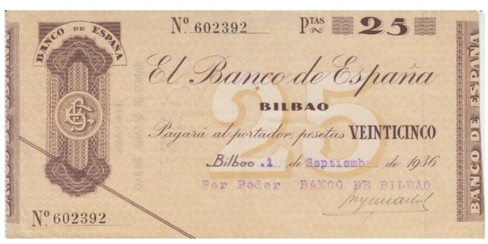F371E.- BANCO ESPAÑA-BILBAO 25 Pts 1-9-1936 MBC SIN SERIE