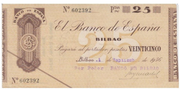 F371E.- BANCO ESPAÑA-BILBAO 25 Pts 1-9-1936 MBC SIN SERIE