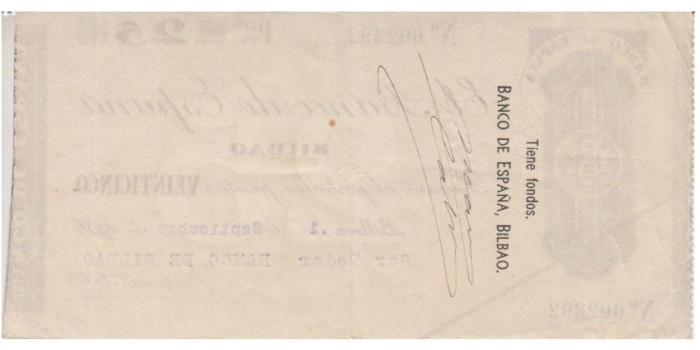 F371E.- BANCO ESPAÑA-BILBAO 25 Pts 1-9-1936 MBC SIN SERIE