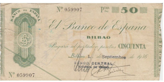 F372C3.- BANCO ESPAÑA-BILBAO 50 Pts 1-9-1936 BC SIN SERIE