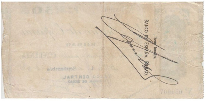 F372C3.- BANCO ESPAÑA-BILBAO 50 Pts 1-9-1936 BC SIN SERIE