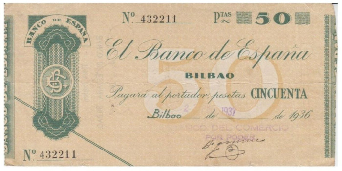 F372E4.- BANCO ESPAÑA-BILBAO 50 Pts 27-2-1936 MBC SIN SERIE