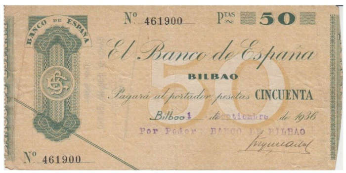F372C5.- BANCO ESPAÑA-BILBAO 50 Pts 1-9-1936 BC SIN SERIE