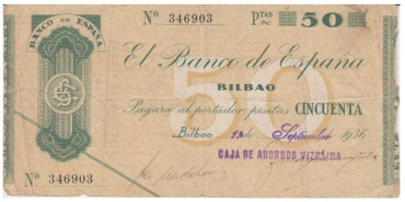 F372C7.- BANCO ESPAÑA-BILBAO 50 Pts 10-9-1936 BC SIN SERIE