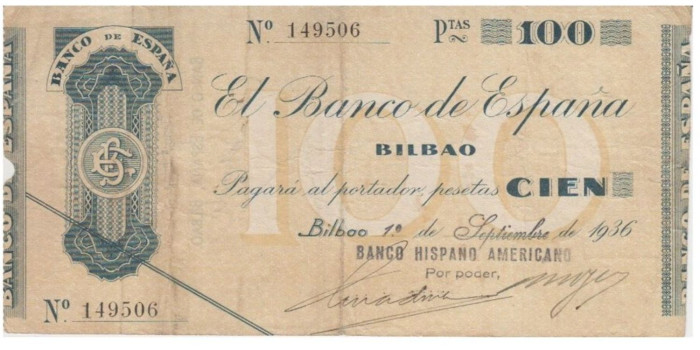 F373C1.- BANCO ESPAÑA-BILBAO 100 Pts 1-9-1936 BC SIN SERIE