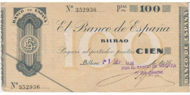 F373E1.- BANCO ESPAÑA-BILBAO 100 Pts 1-9-1936 MBC SIN SERIE