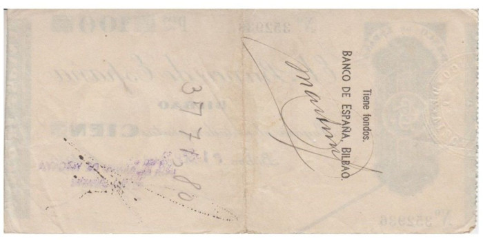 F373E1.- BANCO ESPAÑA-BILBAO 100 Pts 1-9-1936 MBC SIN SERIE