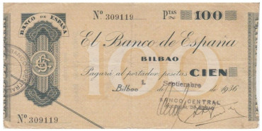 F373E2.- BANCO ESPAÑA-BILBAO 100 Pts 1-9-1936 MBC SIN SERIE