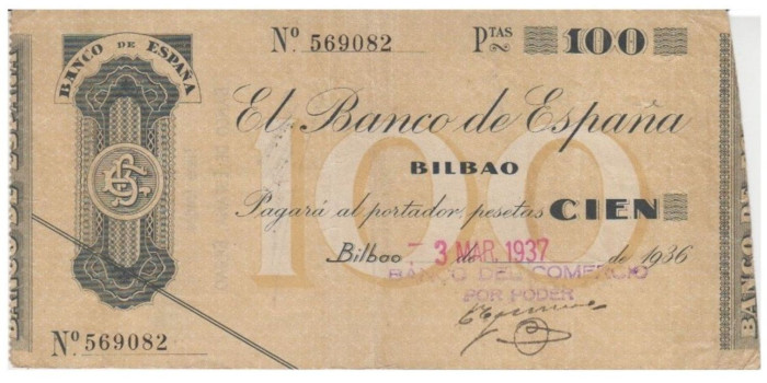 F373E3.- BANCO ESPAÑA-BILBAO 100 Pts 3-3-1937 MBC SIN SERIE