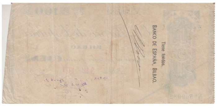 F373E3.- BANCO ESPAÑA-BILBAO 100 Pts 3-3-1937 MBC SIN SERIE