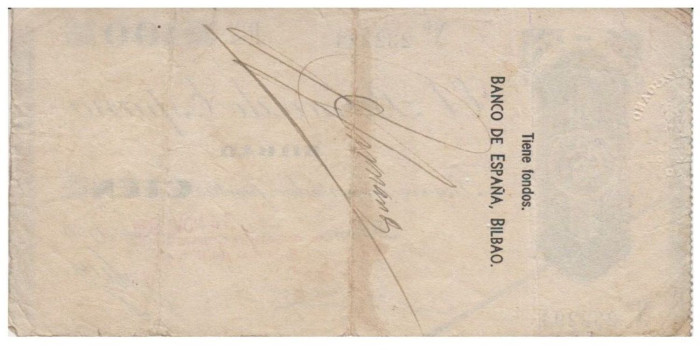 F373E4.- BANCO ESPAÑA-BILBAO 100 Pts 14-11-1936 MBC SIN SERIE