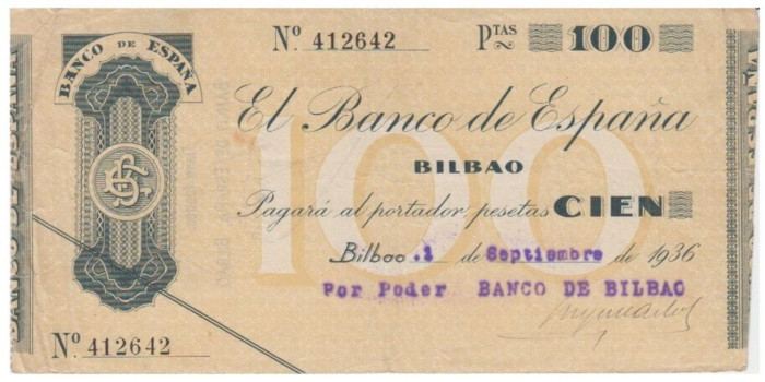 F373H1.- BANCO ESPAÑA-BILBAO 100 Pts 1-9-1936 EBC SIN SERIE