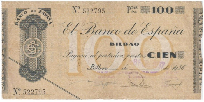F373E6- BANCO ESPAÑA-BILBAO 100 Pts 8-2-1936 MBC SIN SERIE