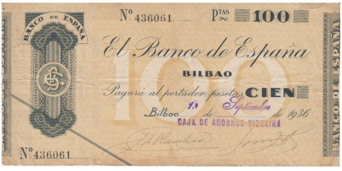 F373E7- BANCO ESPAÑA-BILBAO 100 Pts 1-9-1936 MBC SIN SERIE