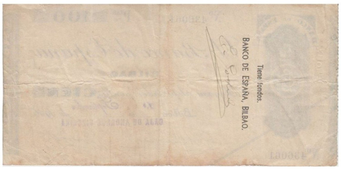 F373E7- BANCO ESPAÑA-BILBAO 100 Pts 1-9-1936 MBC SIN SERIE